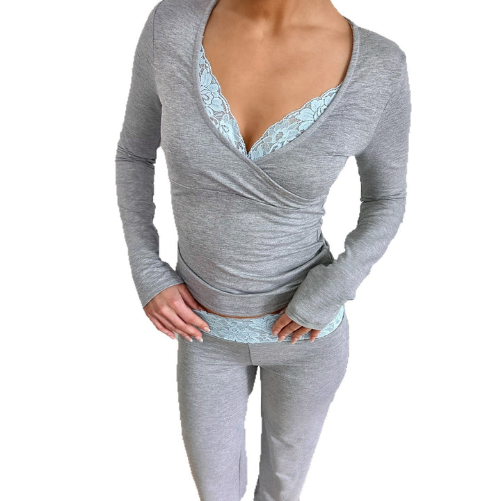 Damen Zweiteiliges Lounge-Set aus Stretchjersey mit V‑Ausschnitt Crop-Top und ausgestellter hochtaillierter Hose – Élanora