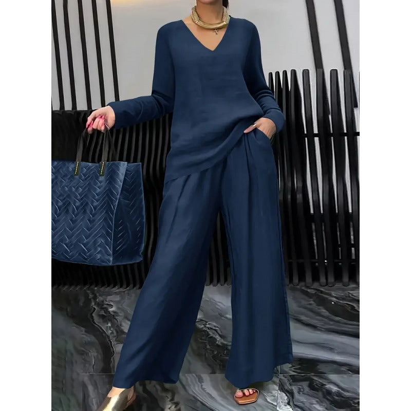 Damen Feiner V-Ausschnitt Strickpullover mit fließender Palazzo-Hose Echo Archiv