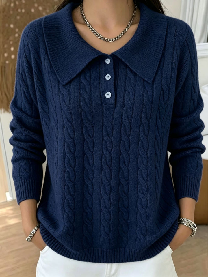 Damen Kabelstrick-Polo-Pullover mit großem Umlegekragen und lockerer Silhouette – Mavelle