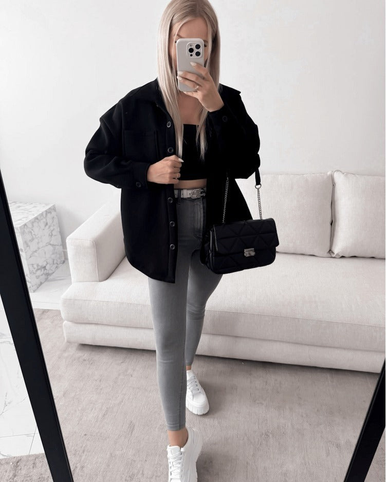 Damen Oversized Hemdjacke Shacket aus weichem Wollmix mit aufgesetzten Brusttaschen Echoarchiv