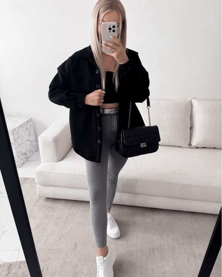 Damen Oversized Hemdjacke Shacket aus weichem Wollmix mit aufgesetzten Brusttaschen Echoarchiv
