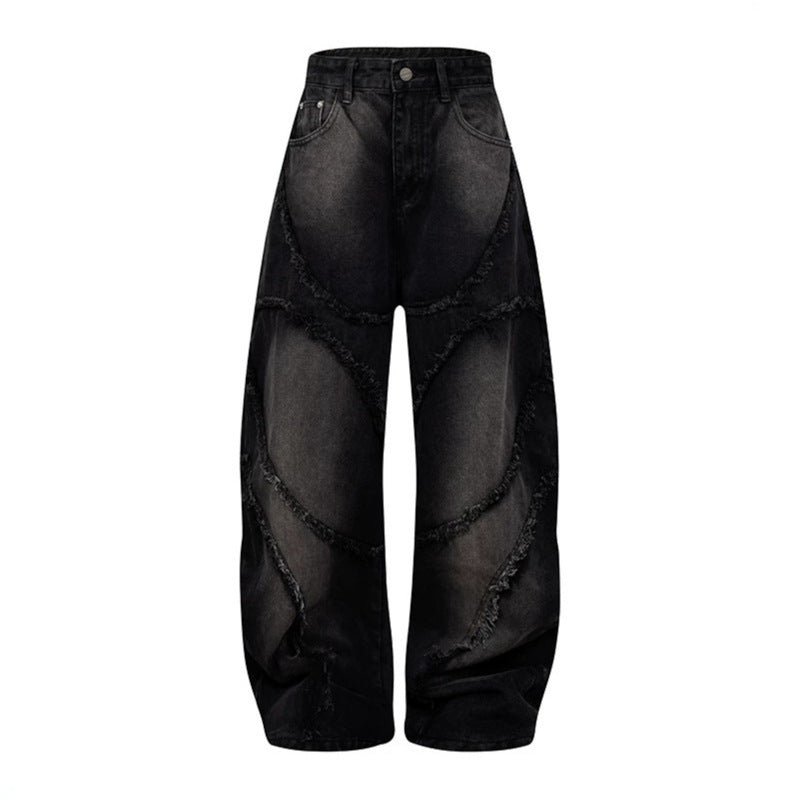 Damen Baggy-Jeans mit hohem Bund, ballonförmiger Weite und ausgefransten Patchnähten Echoarchiv