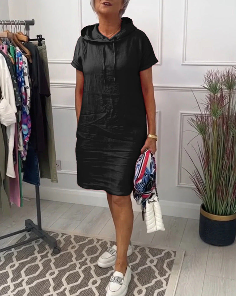 Damen nan lässiges Kapuzen-Midikleid mit kurzen Ärmeln und geradem Relax‑Schnitt Echo Archiv
