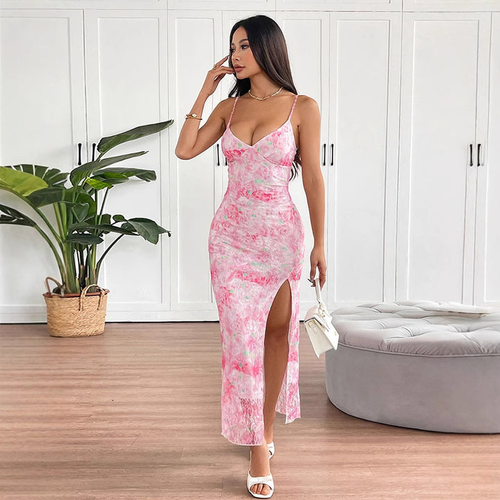 Damen elegantes Maxikleid mit floralem Muster und seitlichem Schlitz Echo Archiv