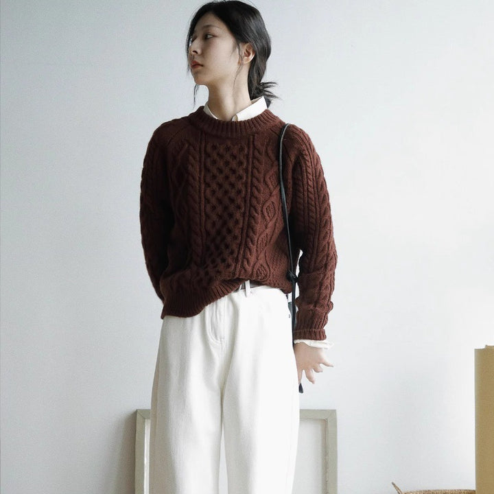 Damen Strukturierter Zopfmuster-Pullover aus Merino-Mix mit gerippten Abschlüssen und kastiger Passform Echoarchiv