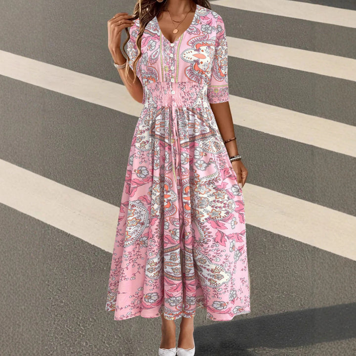 Damen Boho-Maxikleid mit V-Ausschnitt, Knopfleiste und Smokbund Echoarchiv