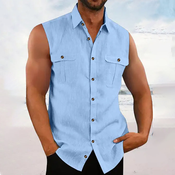 Herren ärmelloses Chambray-Hemd mit Brusttaschen und Knopfdetails Echoarchiv
