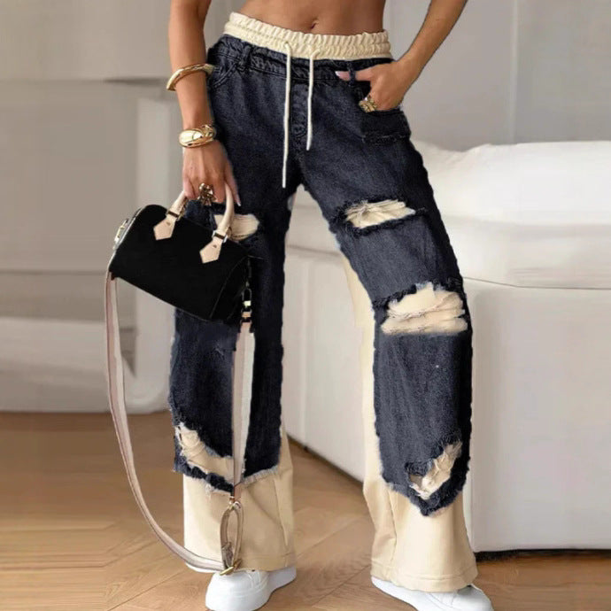 Damen nan weite Patchwork-Jeans mit elastischem Tunnelzugbund, Destroy-Look und kontrastierenden Sweat-Einsätzen Echo Archiv