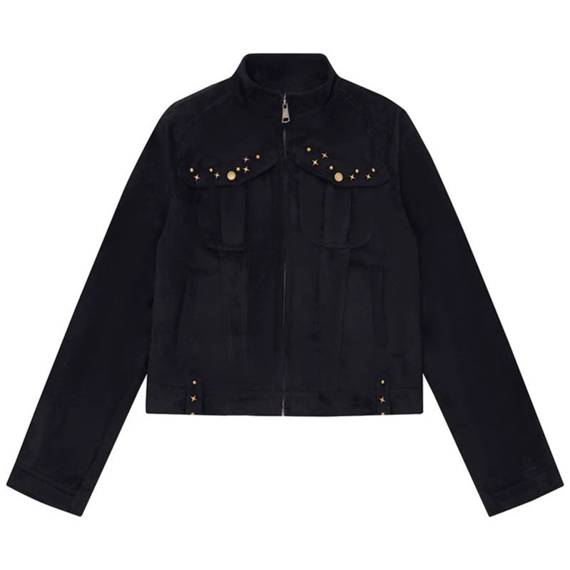 Damen Kurz geschnittene Velourslederjacke mit Stehkragen, Zier‑Nieten und Pattentaschen Echoarchiv