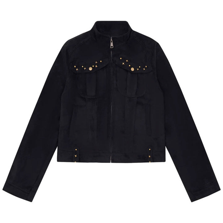 Damen Kurz geschnittene Velourslederjacke mit Stehkragen, Zier‑Nieten und Pattentaschen Echoarchiv