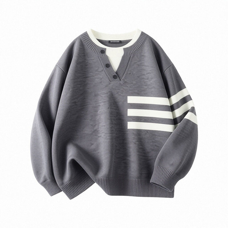 Damen Sportlicher Oversize Pullover mit Knopfleiste und Streifen Echo Archiv