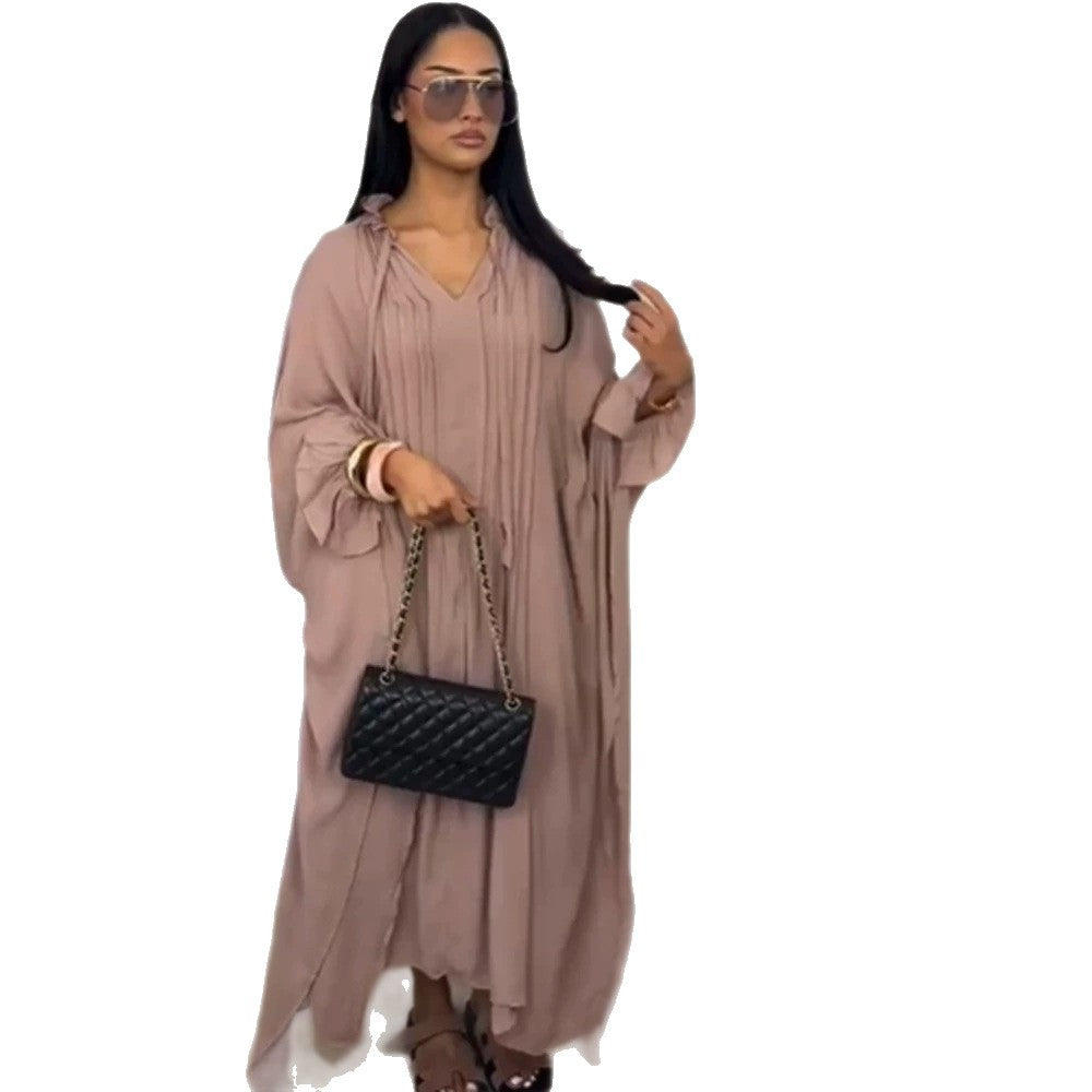 Damen Maxikleid im Kaftan-Stil mit Rüschenkragen, Bindebändern und voluminösen Ärmeln Echoarchiv