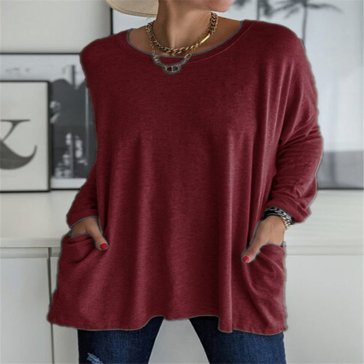 Damen nan oversized Longsleeve-Tunika mit Rundhalsausschnitt, überschnittener Schulter und aufgesetzten Taschen Echo Archiv