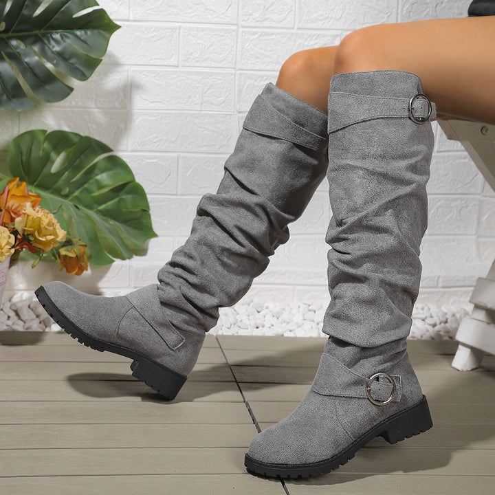 Damen kniehohe Slouch-Stiefel aus Wildlederoptik mit dekorativer Schnalle und rutschfester Profilsohle Echo Archiv