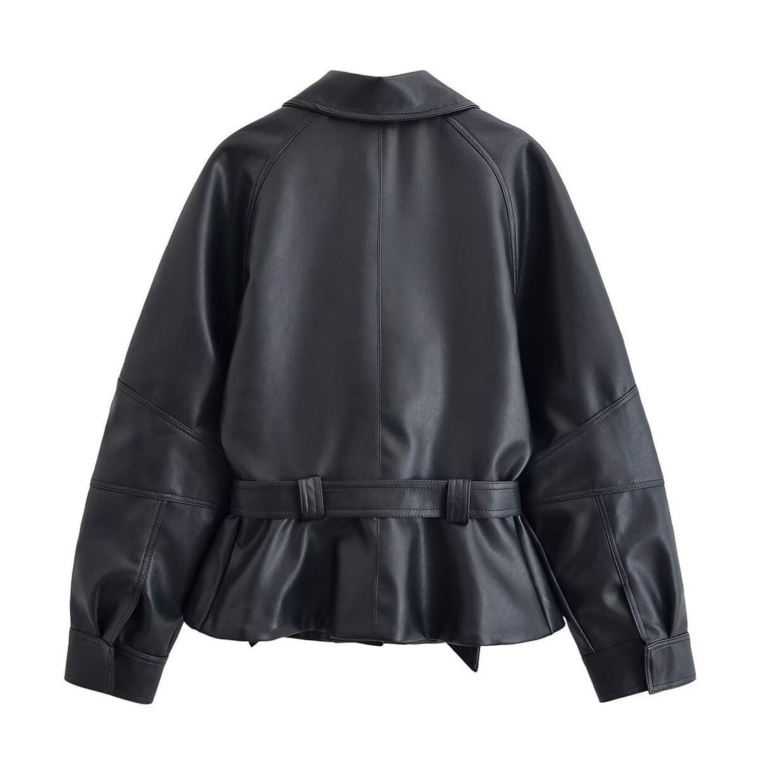 Damen Cropped-Lederoptik-Blouson mit Wickelgürtel, Oversize-Ärmeln und markanten Ziernähten Echo Archiv