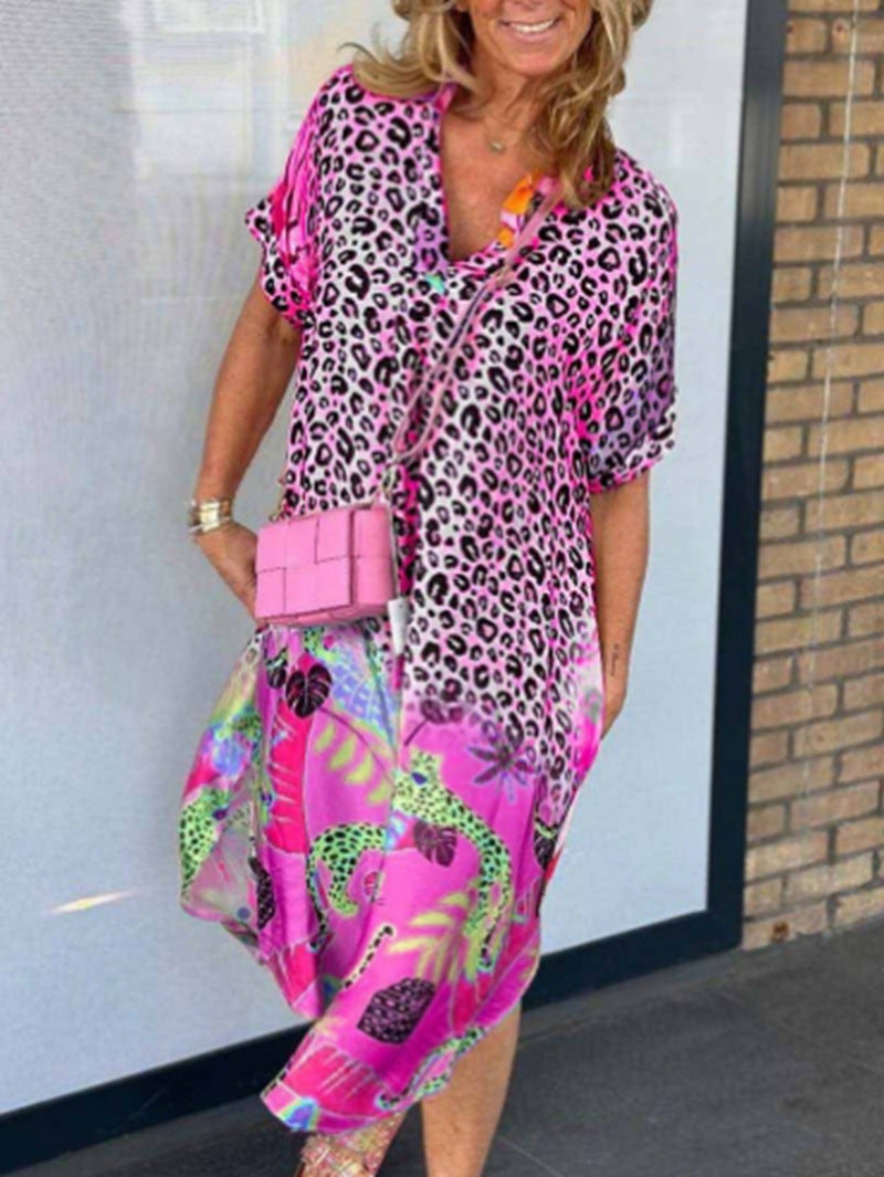 Damen nan locker sitzendes V-Ausschnitt Midikleid mit Leopardenmuster und Tropenmotiv Echo Archiv