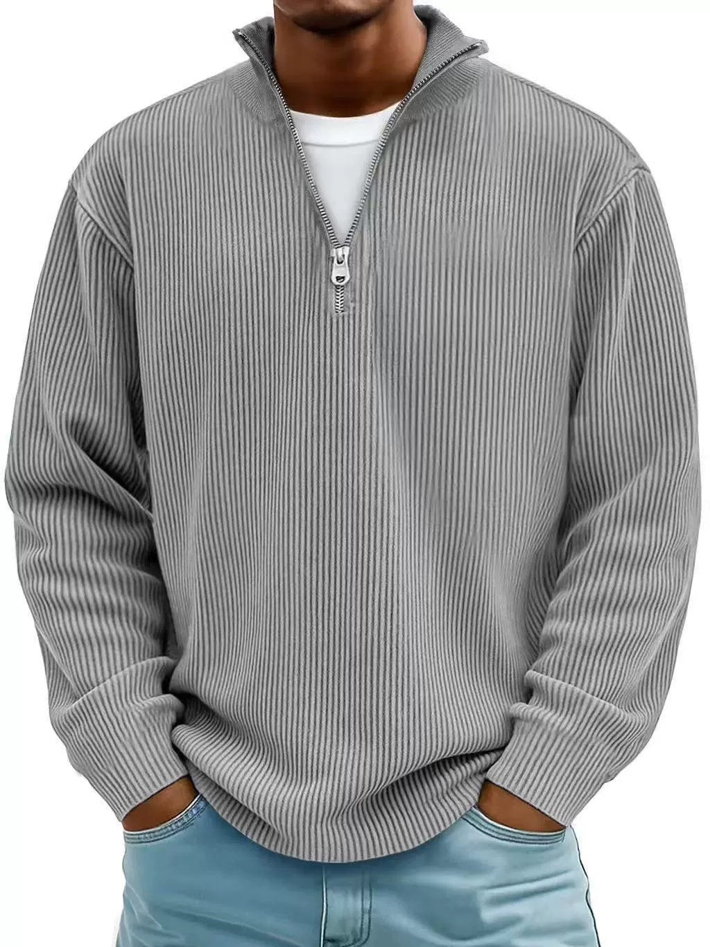 Herren Gerippter Halbzip-Strickpullover mit Stehkragen und lockerer Passform Echoarchiv