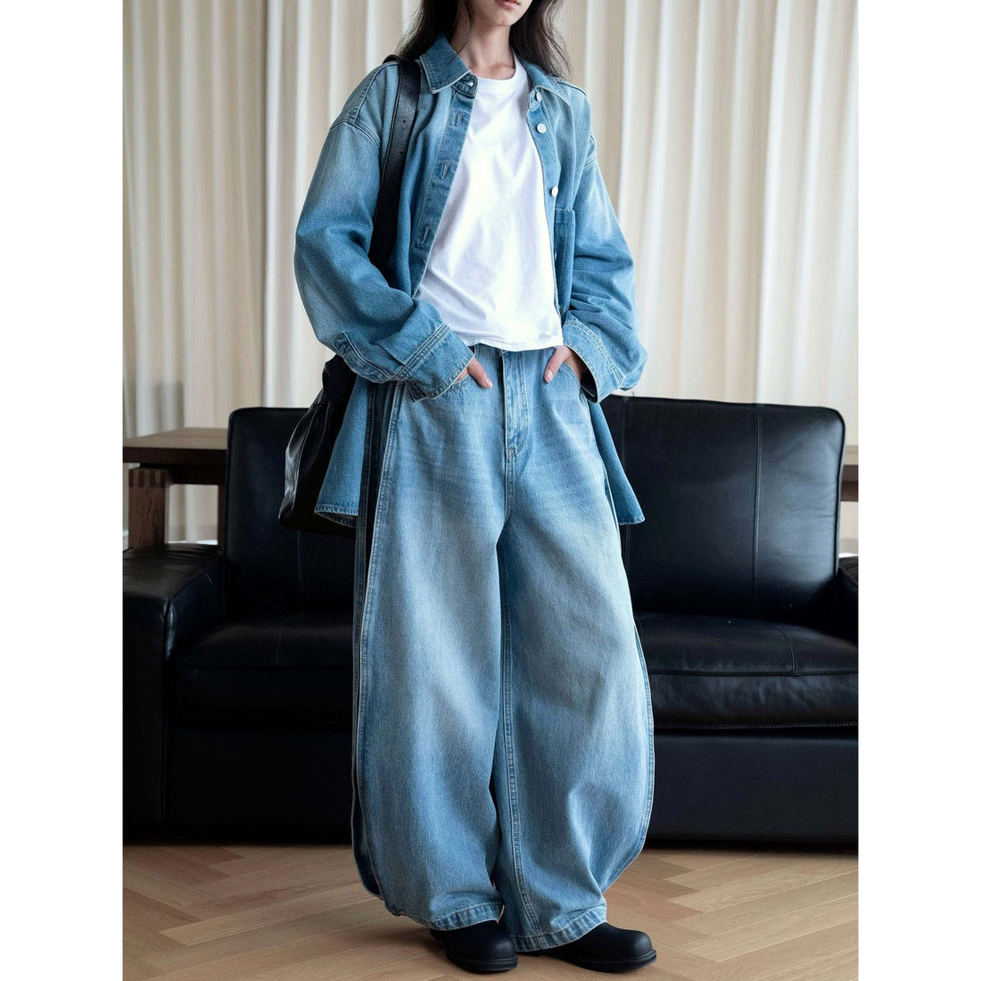 Damen Weite Jeanshose mit hohem Bund, tiefem Schritt und weitem Bein Echoarchiv