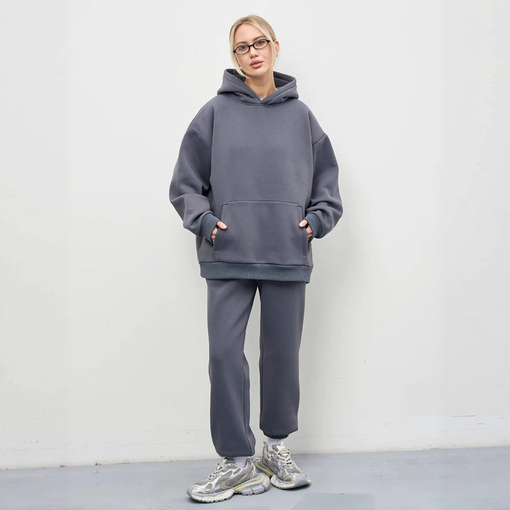 Damen lässiges Kapuzen-Sweatset aus schwerer Baumwollfleece mit Kängurutasche und gerader Jogginghose – Auréline