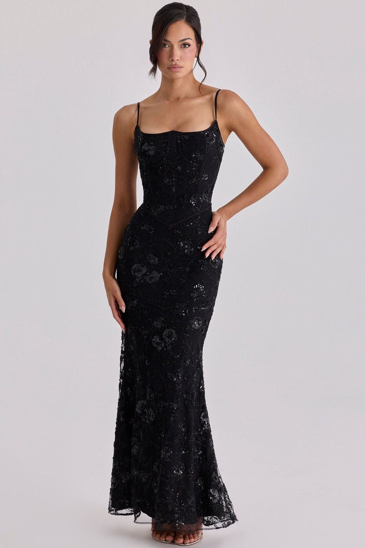 Damen nan elegantes besticktes Abendkleid mit Korsettoberteil und transparentem Spitzenüberzug Echoarchiv