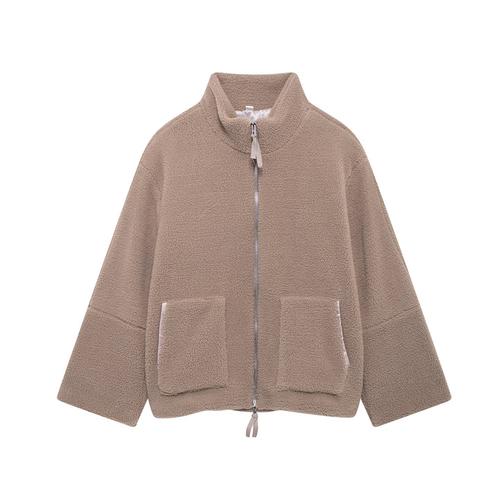 Damen Oversize Teddy-Fleecejacke mit Stehkragen und aufgesetzten Taschen – Célinea