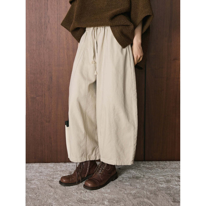 Damen Weite High‑Waist Canvas‑Culotte mit Kordelbund und Ziernähten Echoarchiv