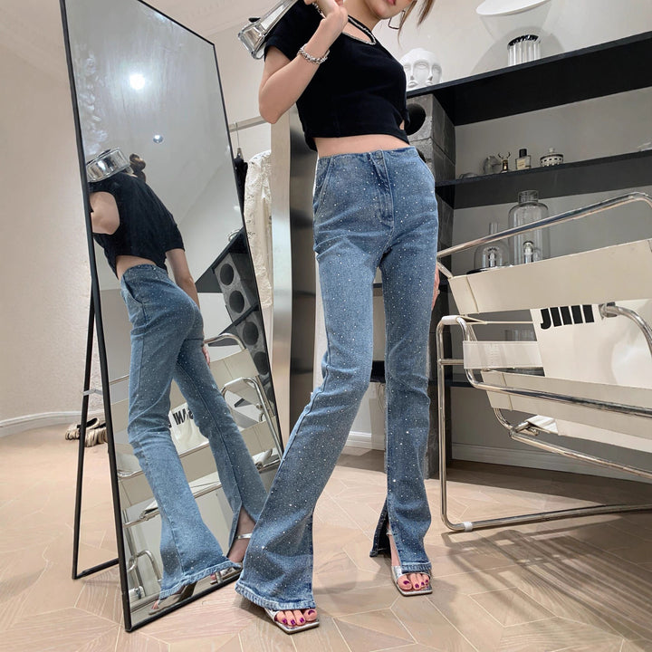 Damen Glitzernde Bootcut-Jeans mit Schlitz und Stretchanteil Echo Archiv