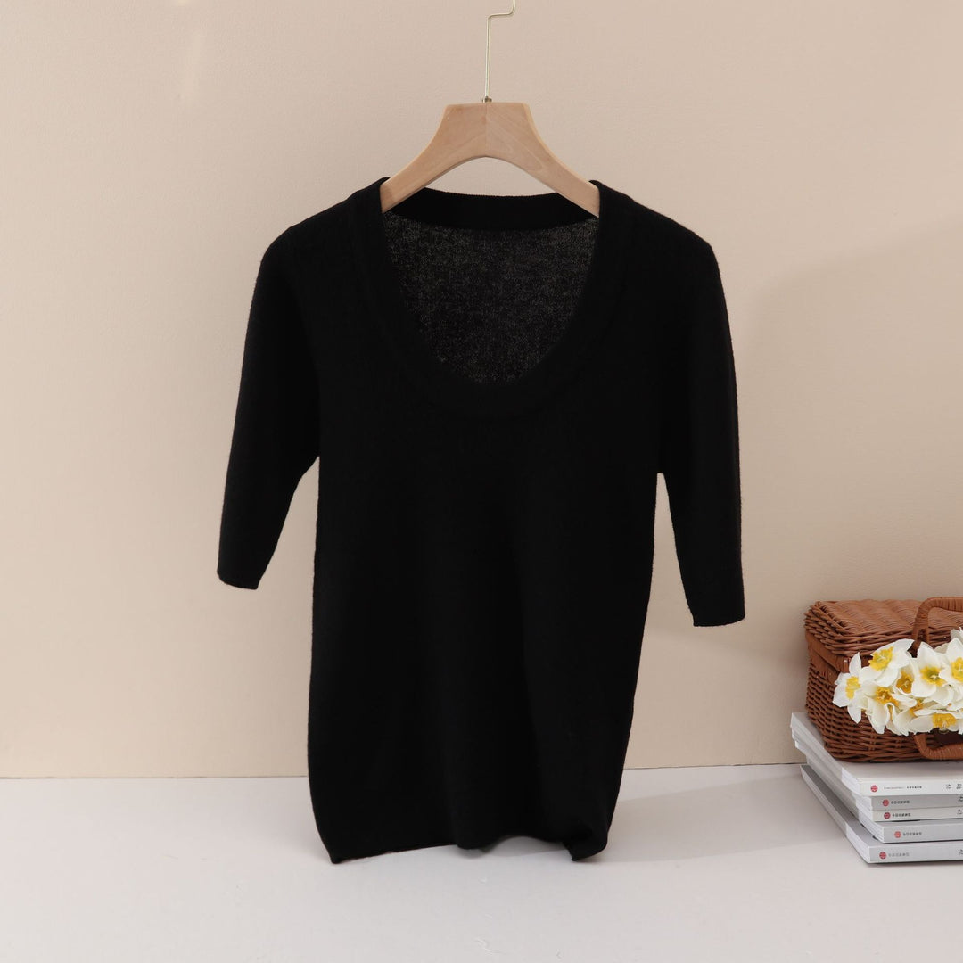 Damen Feines Feinstrick-Shirt mit tiefem Rundhals und dreiviertel Ärmeln Echo Archiv
