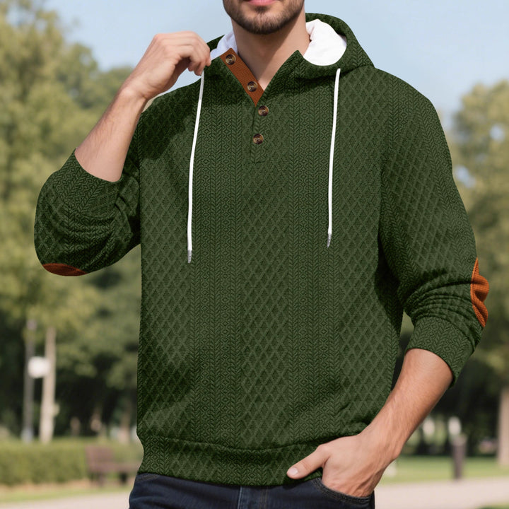 Herren nan Diamond-Struktur Kapuzenpullover mit Kurzknopfleiste, gesteppter Kapuzeninnenkante und Wildleder-Ellbogenpatch Echo Archiv