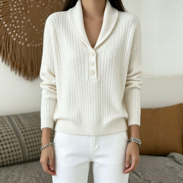 Damen Strickpullover mit Schalkragen, Zopfmuster und Knopfleiste – Mavelle