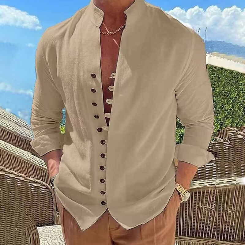 Herren modisches Button-Up-Hemd mit Stehkragen und eleganter Knopfleiste Echoarchiv