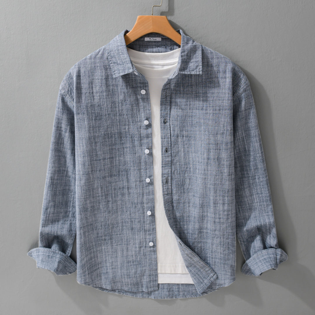 Herren Texturiertes Leinen-Baumwoll-Overshirt im Relaxed-Fit mit Hemdkragen und durchgehender Knopfleiste Echoarchiv