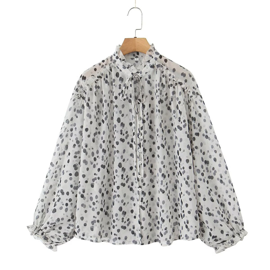Damen Transparente Chiffonbluse mit Tupfenprint, Stehkragen und voluminösen Rüschenärmeln Echo Archiv