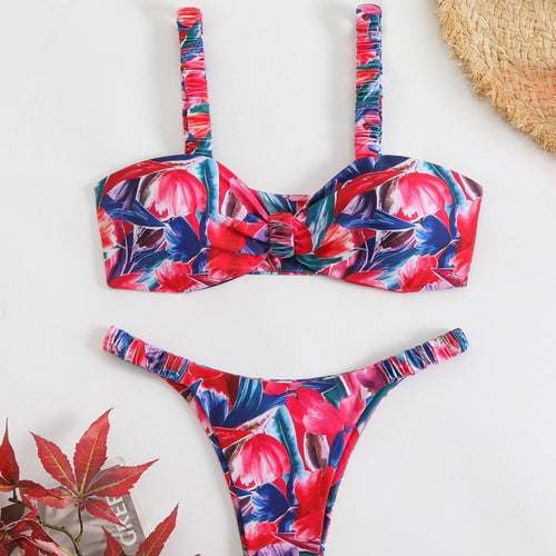 Damen Triangel-Bikini mit tropischem Druck und zarten Rüschen Echo Archiv