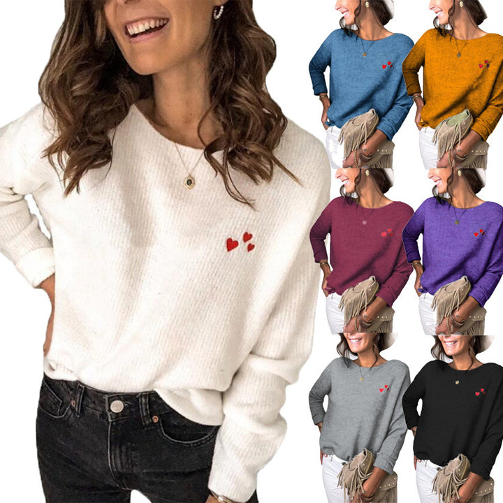 Damen Leichter Feinstrickpullover mit U-Boot-Ausschnitt, lockerem Sitz und Herzstickerei Echoarchiv