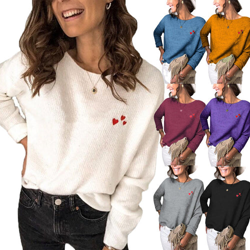 Damen Leichter Feinstrickpullover mit U-Boot-Ausschnitt, lockerem Sitz und Herzstickerei Echoarchiv
