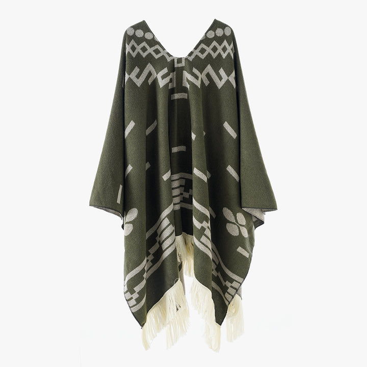 Damen Oversize Poncho im Boho‑Stil mit V‑Ausschnitt, Jacquard‑Muster und langen Fransen – Avérine