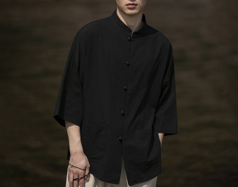 Herren Oversize Hemd im Kimono-Stil aus Leinen-Baumwollmix mit Stehkragen Echoarchiv