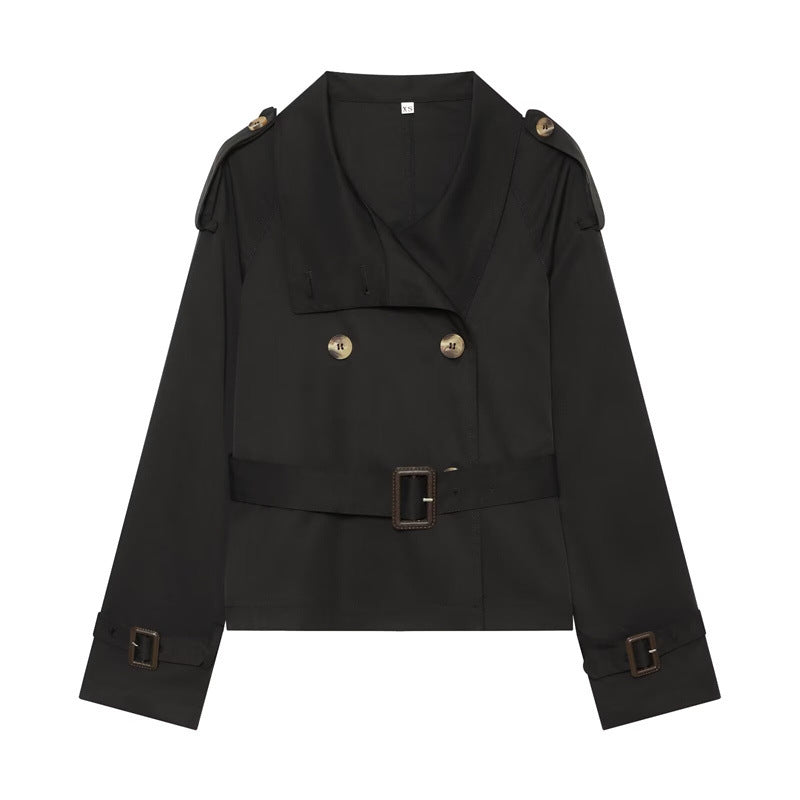 Damen Kurzer Boxy-Trench mit Doppelreiher, Taillengürtel und Schulterklappen Echo Archiv