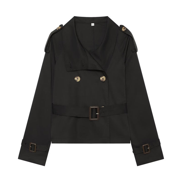 Damen Kurzer Boxy-Trench mit Doppelreiher, Taillengürtel und Schulterklappen Echo Archiv