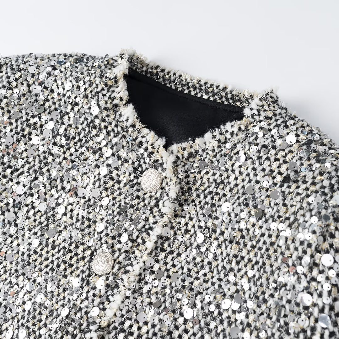 Damen Kurzjacke im Bouclé‑Stil mit Paillettenbesatz und Perlmuttknöpfen Echoarchiv