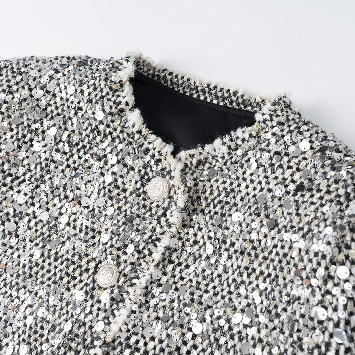Damen Kurzjacke im Bouclé‑Stil mit Paillettenbesatz und Perlmuttknöpfen Echoarchiv