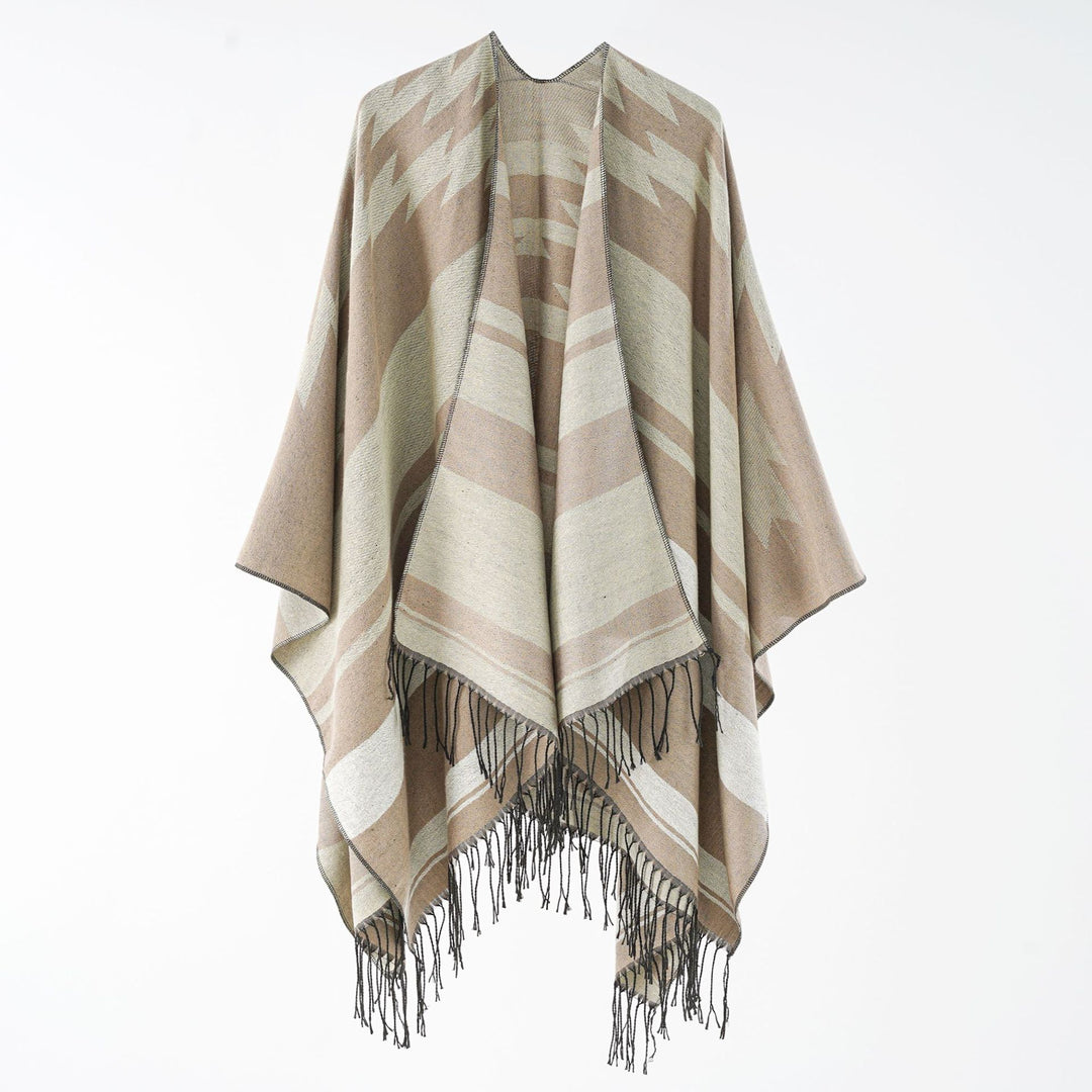 Damen Langer Reversfreier Webponcho im Umhangstil mit dezentem Zackenmuster und Fransensaum – Montévia