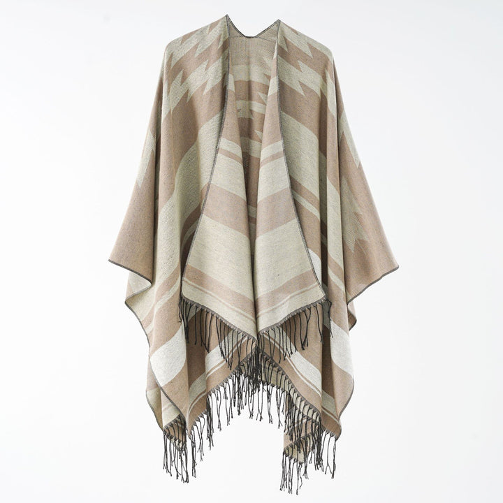 Damen Langer Reversfreier Webponcho im Umhangstil mit dezentem Zackenmuster und Fransensaum – Montévia