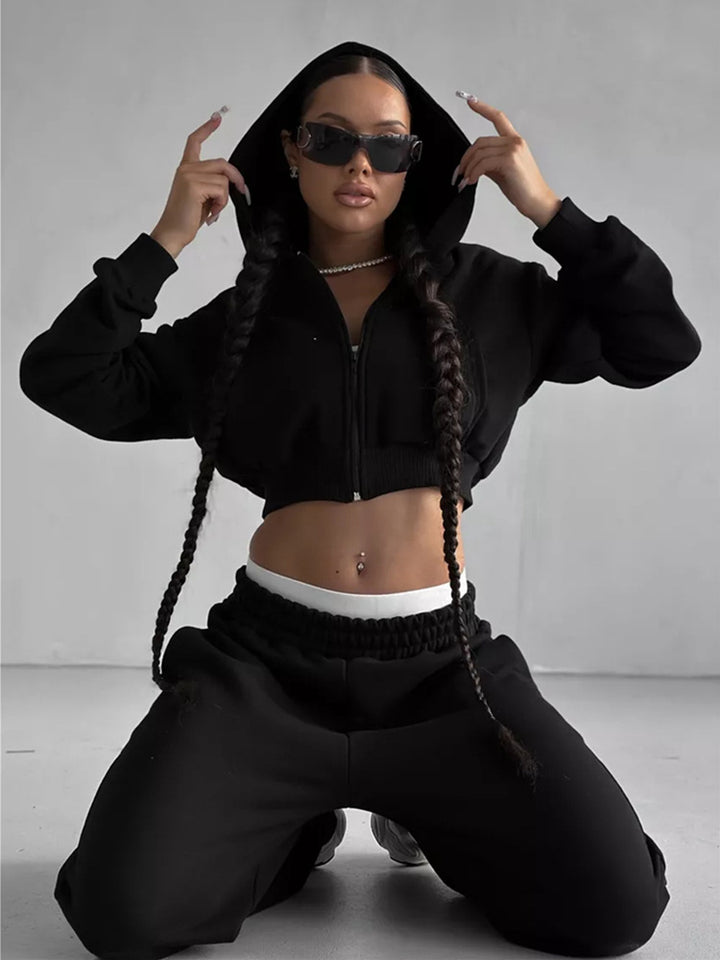 Damen kurzes Zip-Kapuzensweatshirt mit tailliertem Bündchen und weitem High‑Waist French‑Terry Jogginghose Set – Auréline