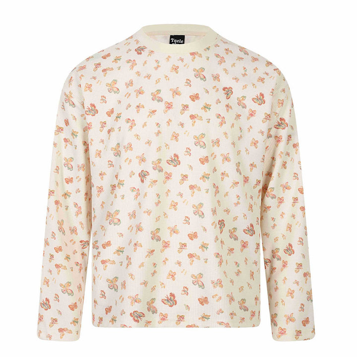 Damen Waffelstrick-Langarmshirt mit Allover-Schmetterlingsprint und Rundhals Echoarchiv