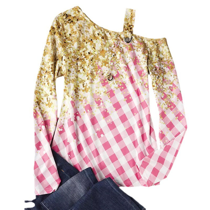Damen Schulterfreies Langarmshirt mit Gingham-Karo und One-Shoulder-Riemen – Avérine