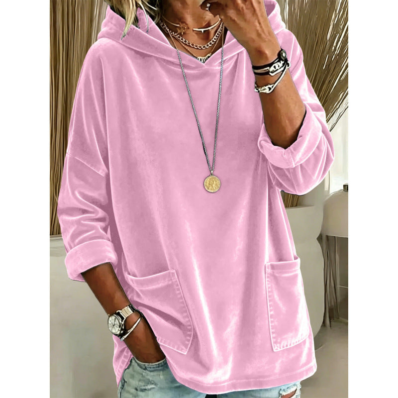 Damen Samt-Hoodie mit Kapuze, Oversize-Schnitt und aufgesetzten Taschen – Auréline