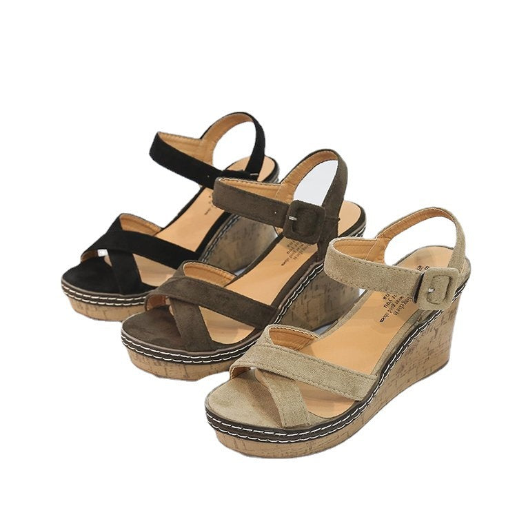 Damen nan Keilabsatz Sandalen mit Korkplateau verstellbarem Knöchelriemen aus Veloursleder Echo Archiv