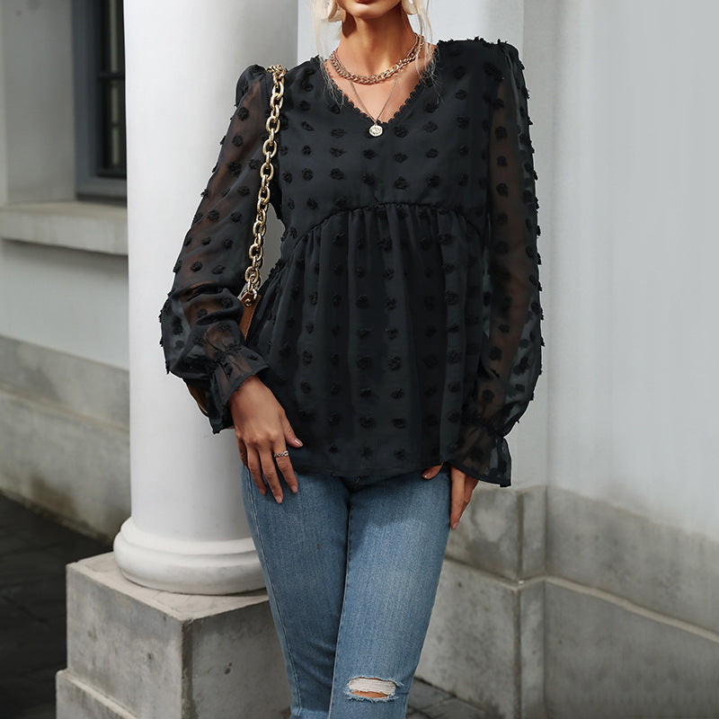 Damen Transparente Chiffon‑Bluse mit V‑Ausschnitt, erhabener Punkte‑Textur und Babydoll‑Silhouette – Élovi